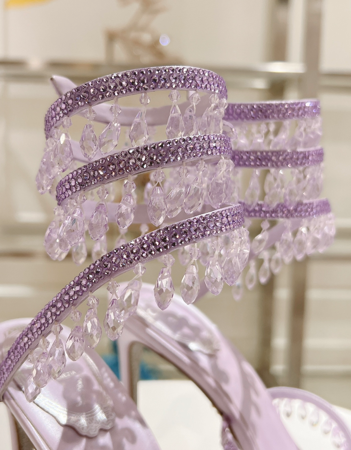 Chandelier embellished Lilac satin sandals with rhinestones