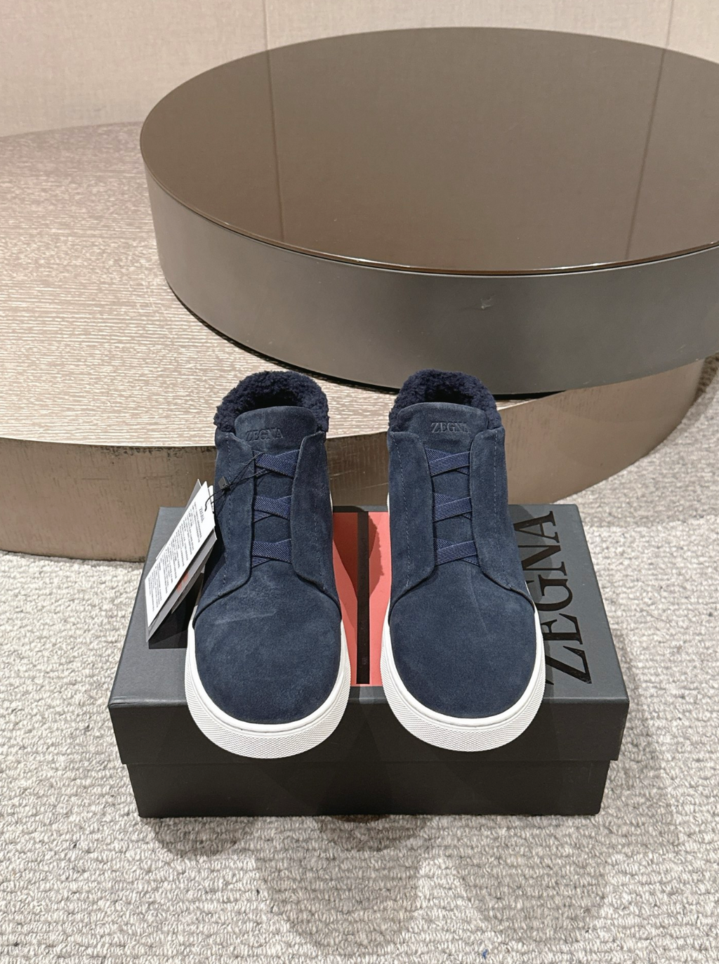 Ermenegildo Zegna navy suede deerskin wool Triple Stitch mid-top