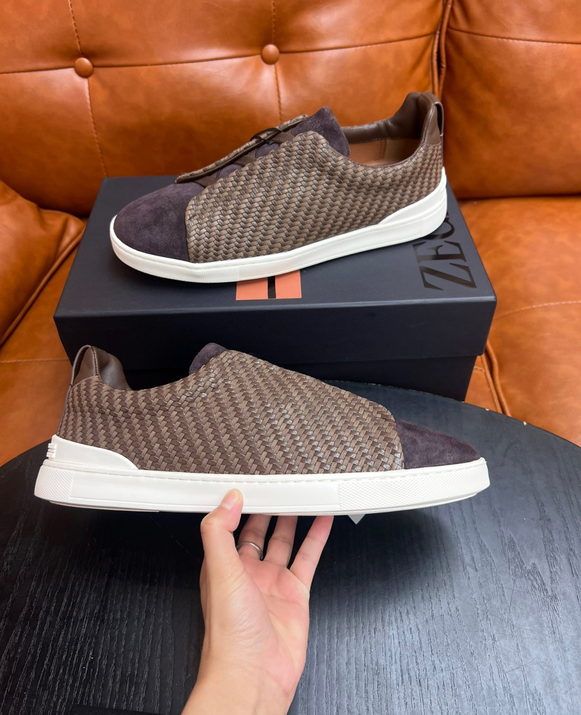 Ermenegildo Zegna Brown Triple stitch PELLETESSUTA Leather and suede