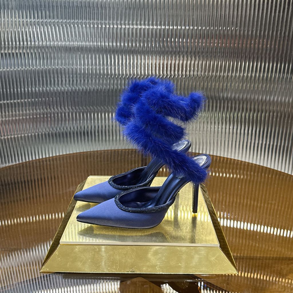 Cleo Fur-Trimmed Pump Stiletto Sandals in Blue