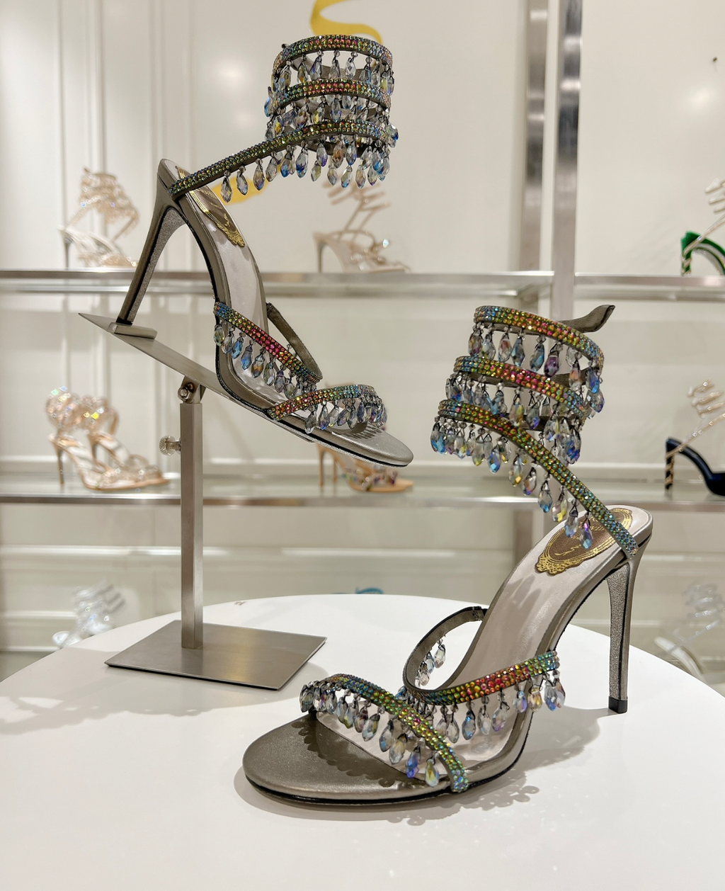 Chandelier embellished Silver satin sandals with multicolor rhinestones
