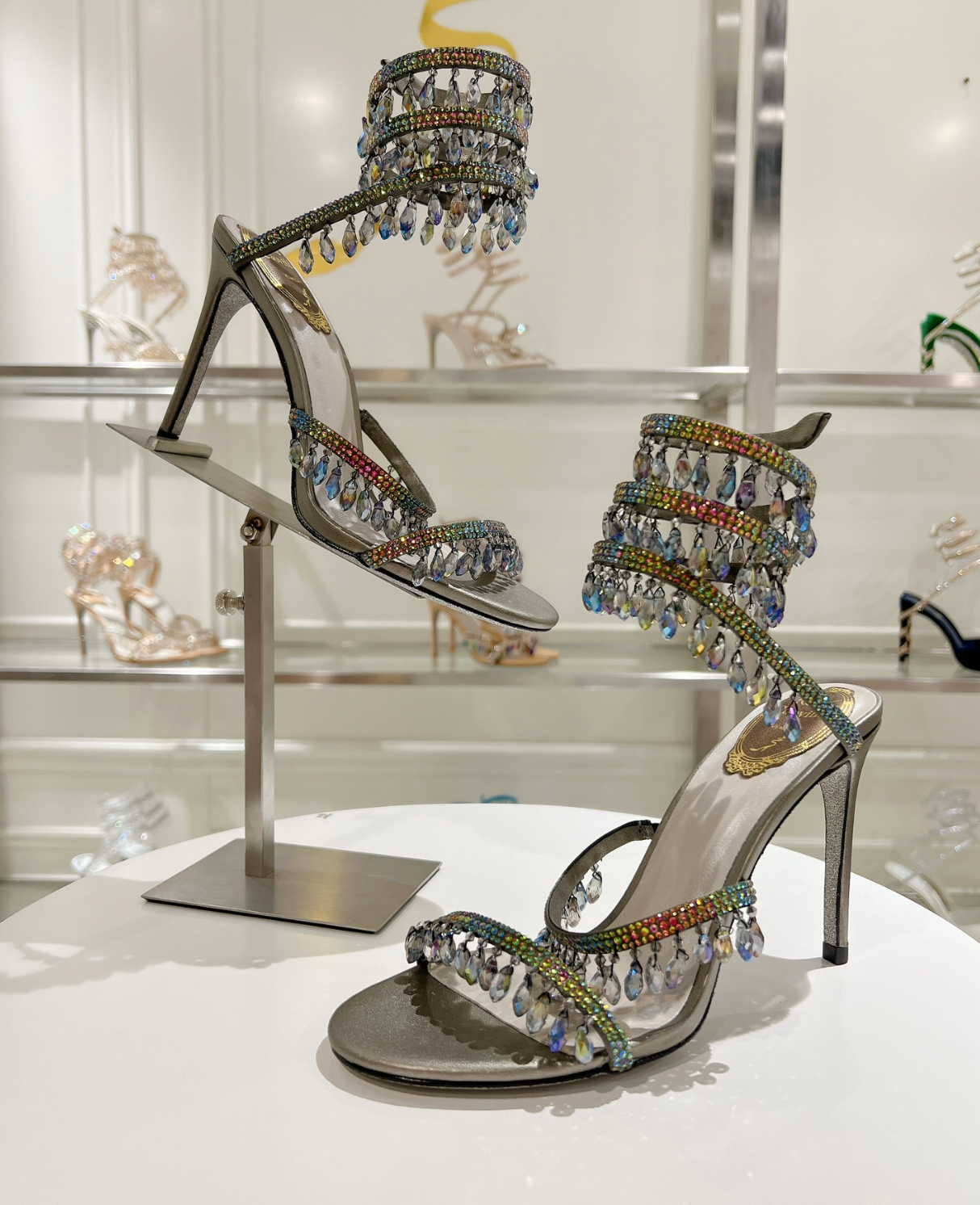 Chandelier embellished Silver satin sandals with multicolor rhinestones