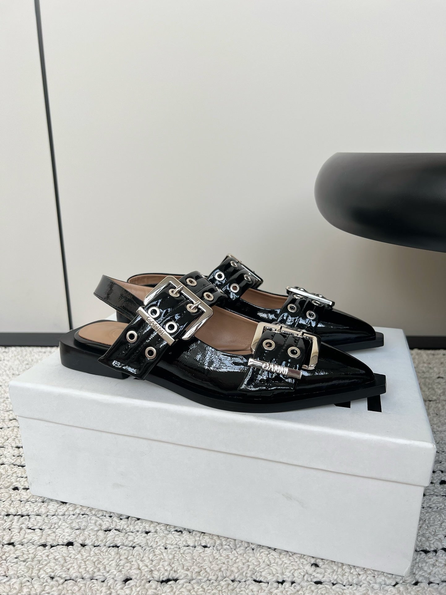 Ganni Buckle fastening Shiny Black Ballerinas