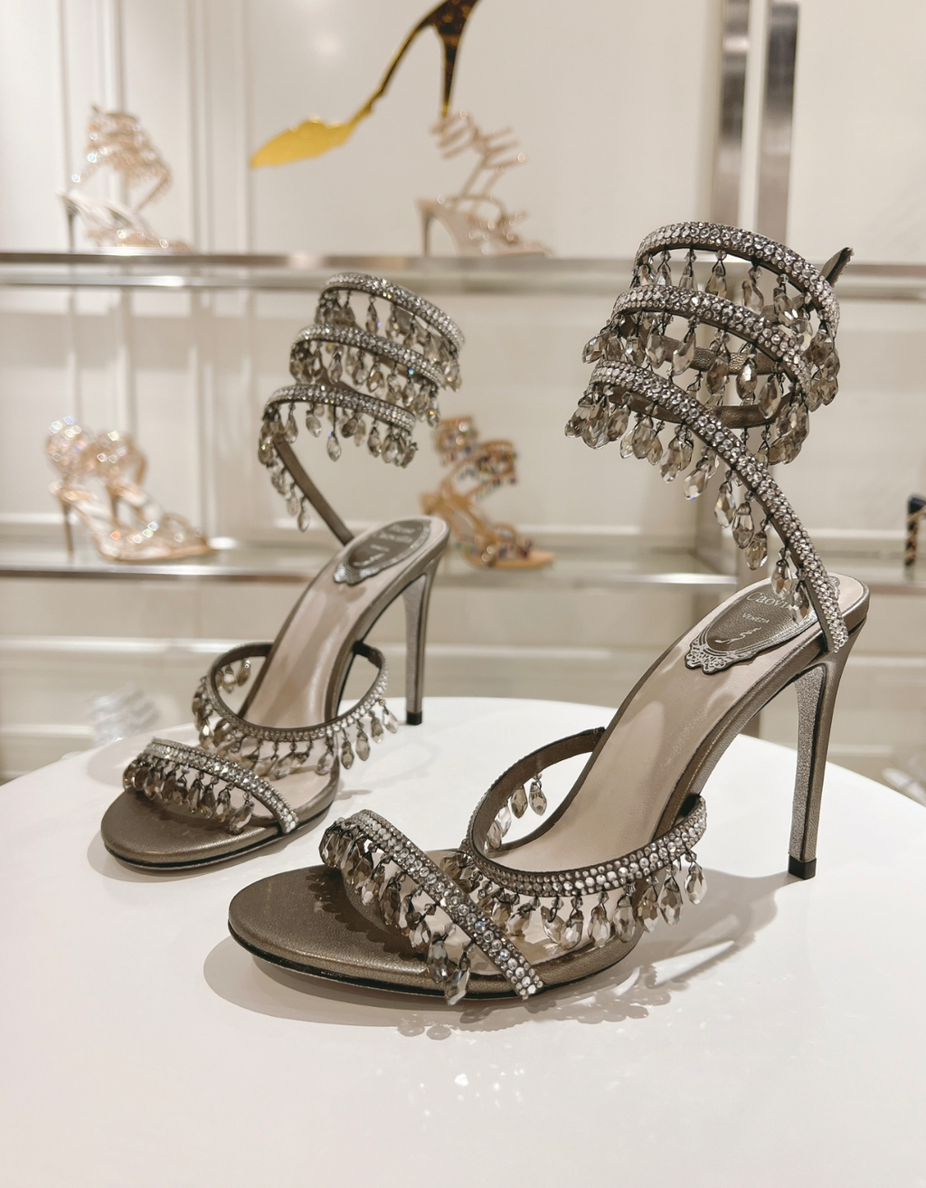 Chandelier embellished Grey satin sandals with clear rhinestones