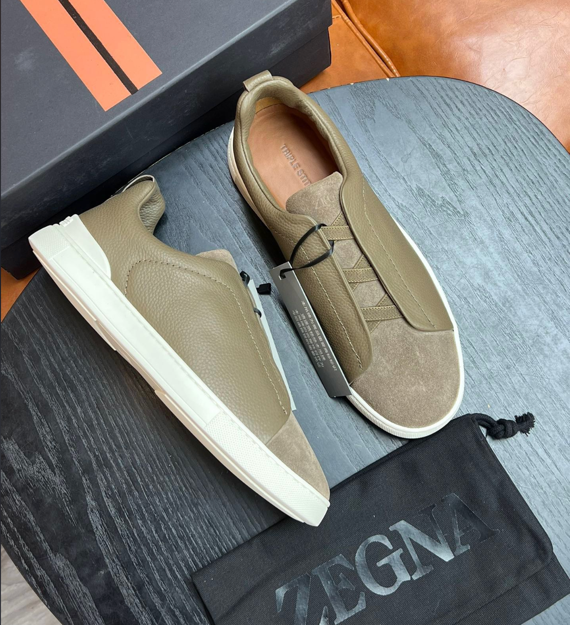 Ermenegildo Zegna Olive Green Triple stitch Leather & suede