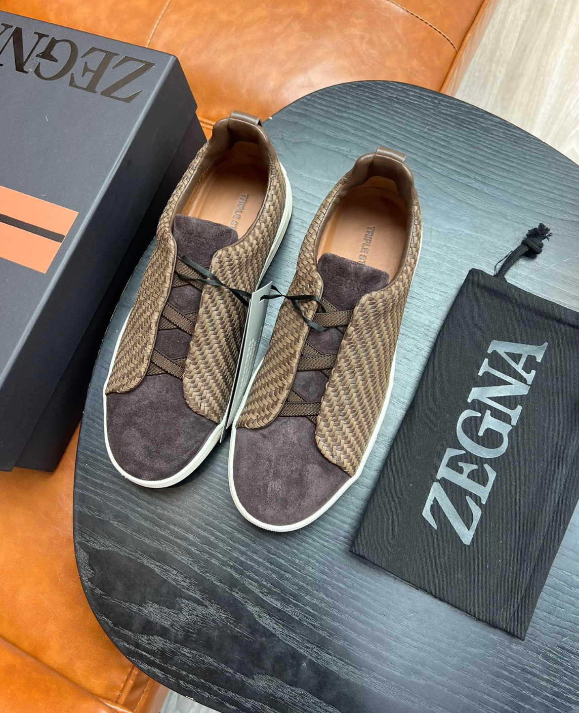 Ermenegildo Zegna Brown Triple stitch PELLETESSUTA Leather and suede