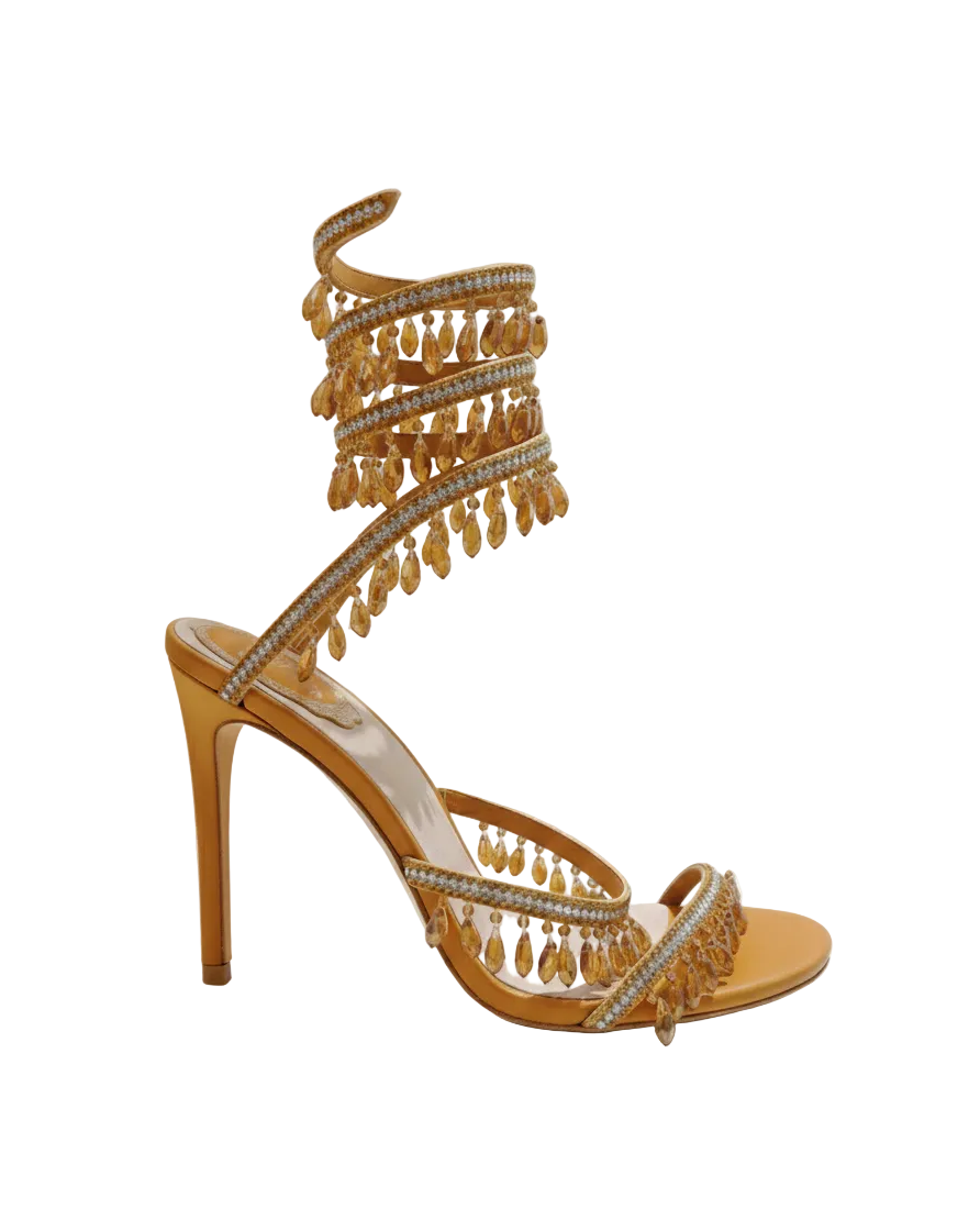 Chandelier embellished Mustard-Tan satin sandals with rhinestones