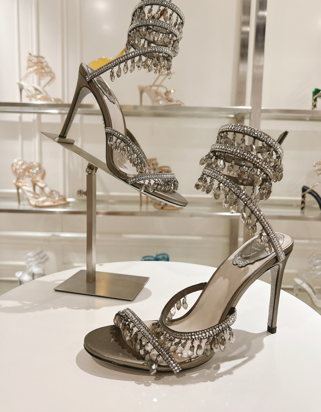 Chandelier embellished Grey satin sandals with clear rhinestones