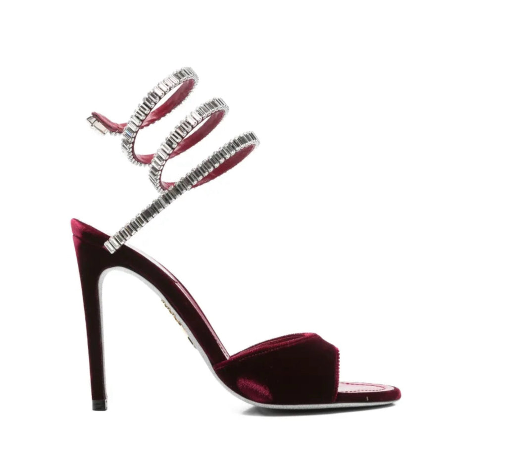Cleo Spark stiletto sandal in Burgundy velvet with rhinestone embellishments
