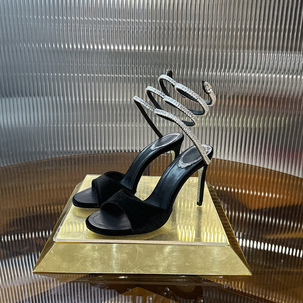 Cleo Spark stiletto sandal in black velvet with rhinestone embellishments
