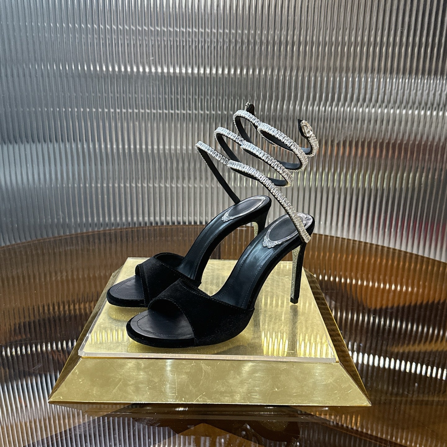 Cleo Spark stiletto sandal in black velvet with rhinestone embellishments