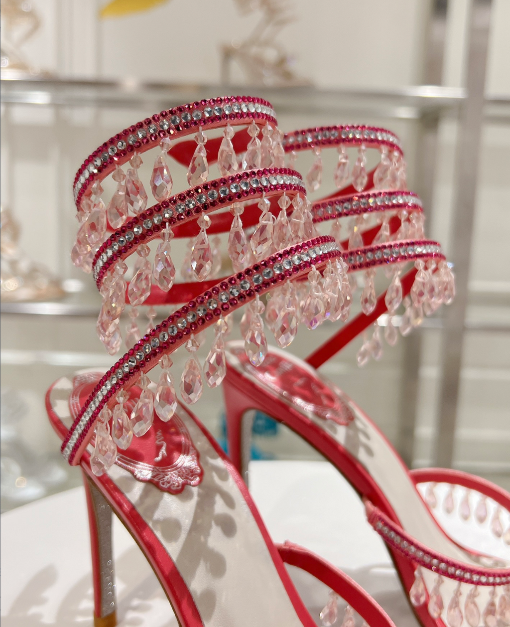Chandelier embellished Red satin sandals with clear rhinestones