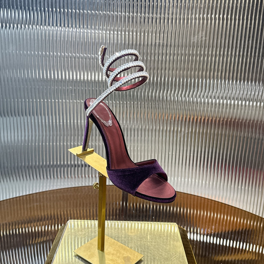 Cleo Spark stiletto sandal in Burgundy velvet with rhinestone embellishments
