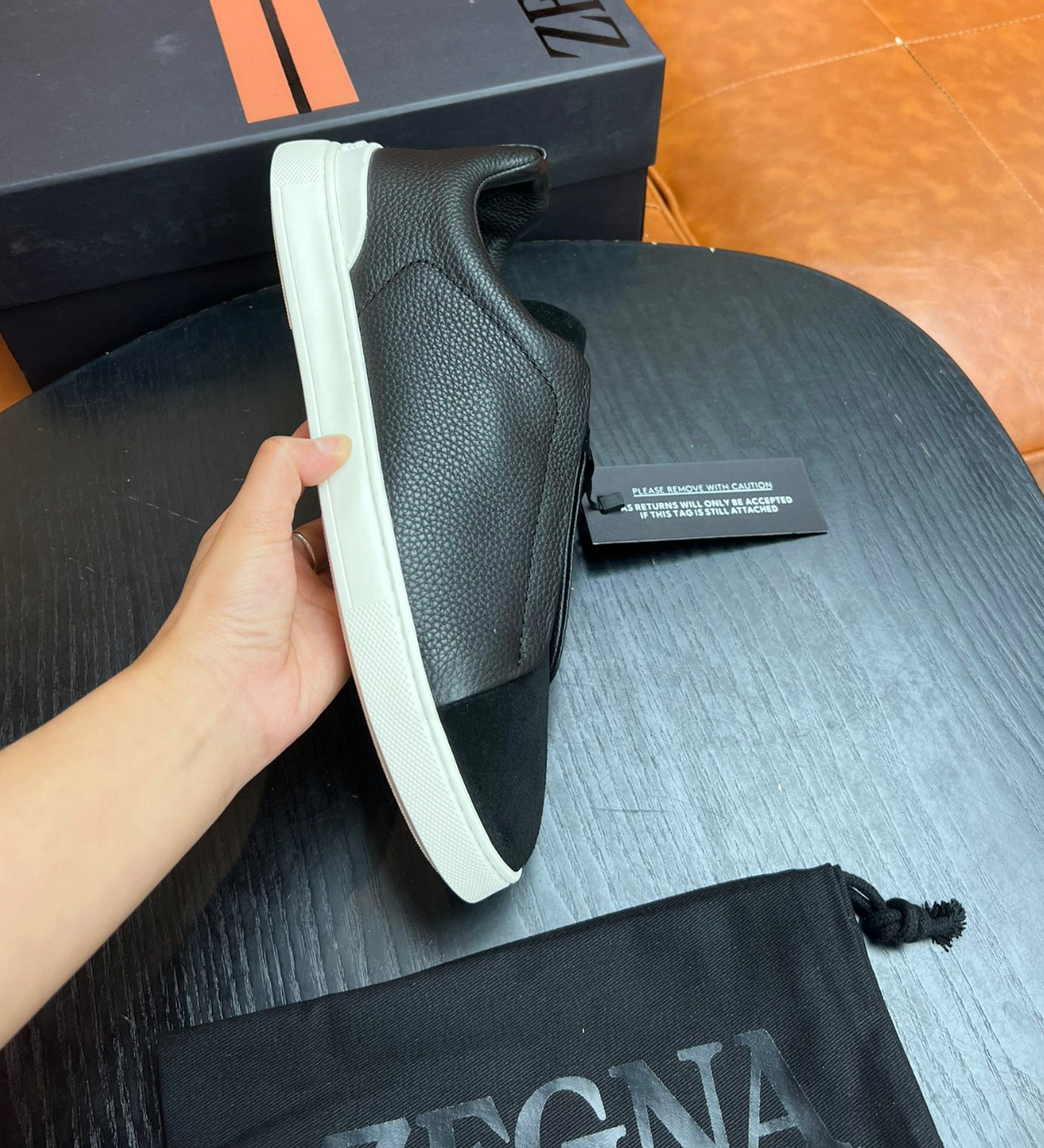 Ermenegildo Zegna Black Triple stitch Leather & suede