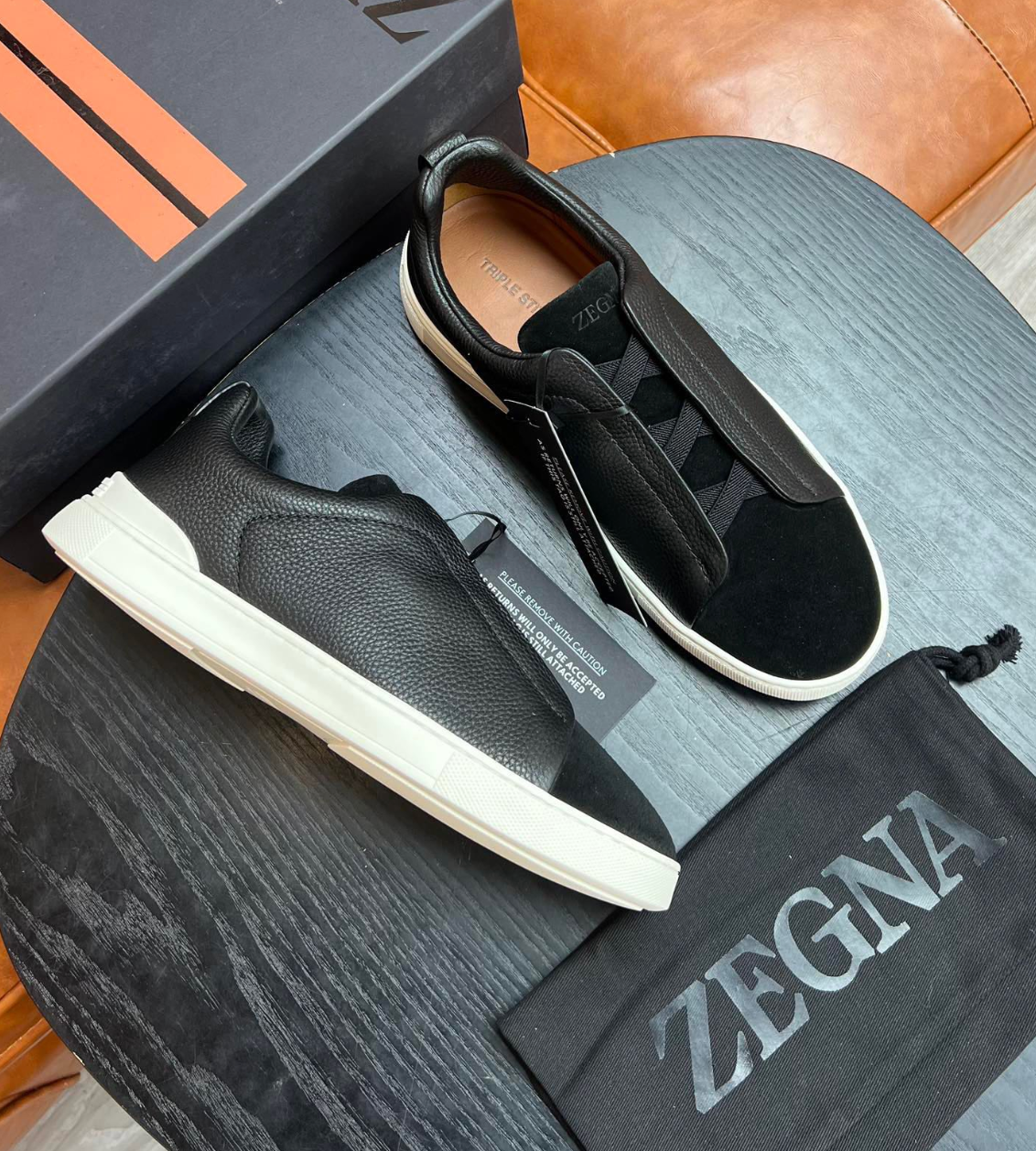 Ermenegildo Zegna Black Triple stitch Leather & suede