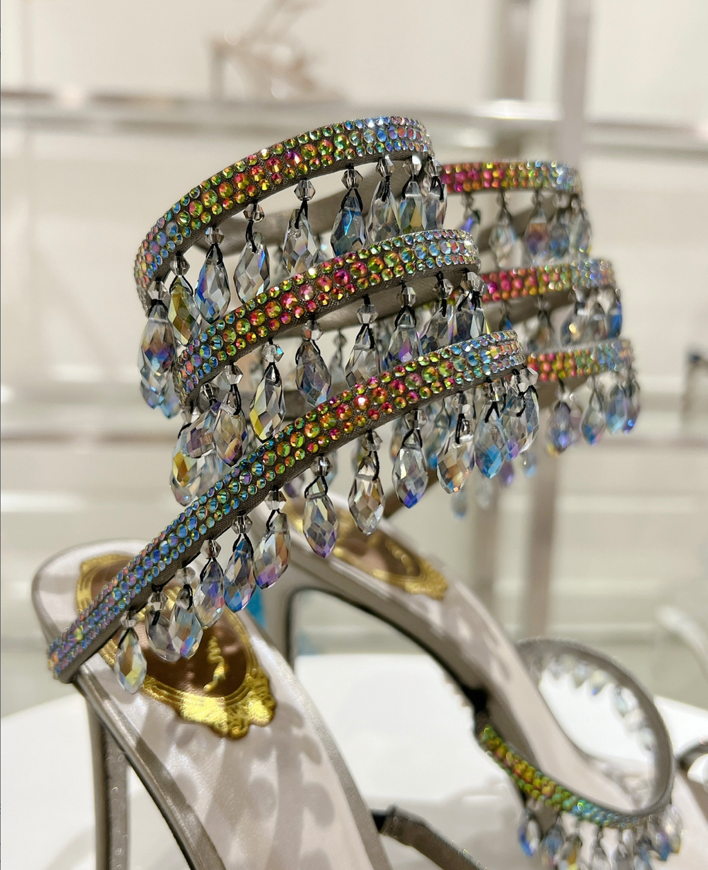 Chandelier embellished Silver satin sandals with multicolor rhinestones