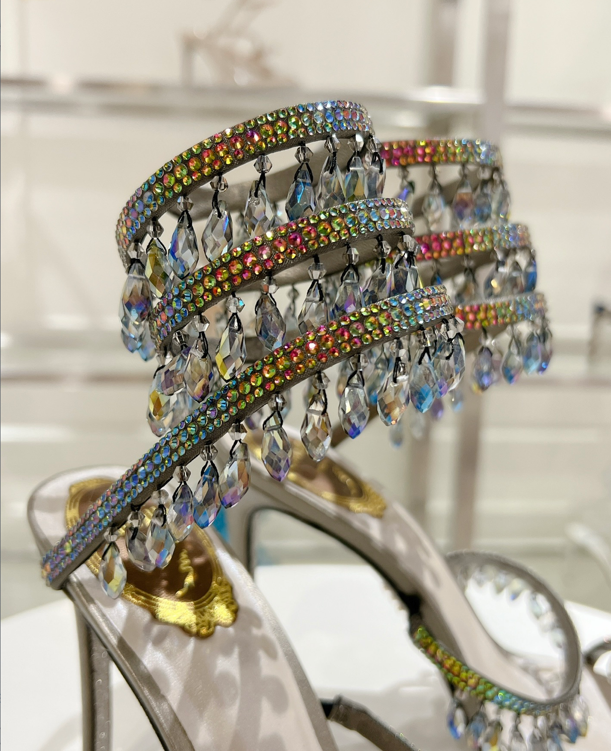 Chandelier embellished Silver satin sandals with multicolor rhinestones