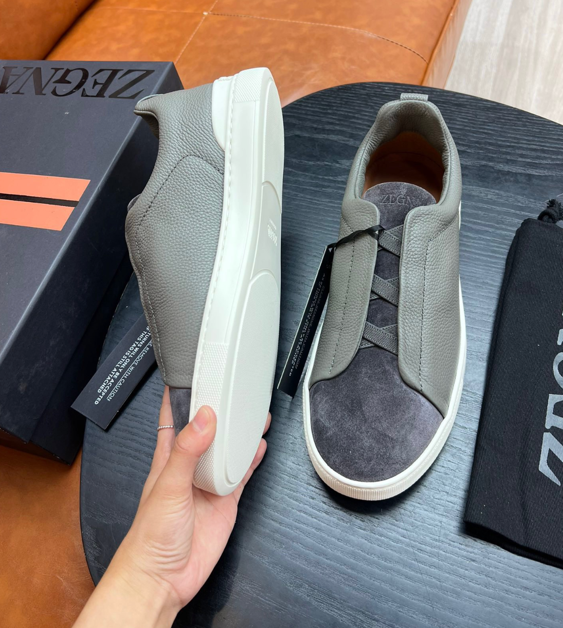 Ermenegildo Zegna Grey Triple stitch Leather & suede