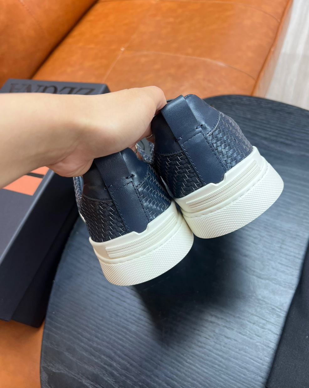 Ermenegildo Zegna Navy Triple stitch PELLETESSUTA Leather