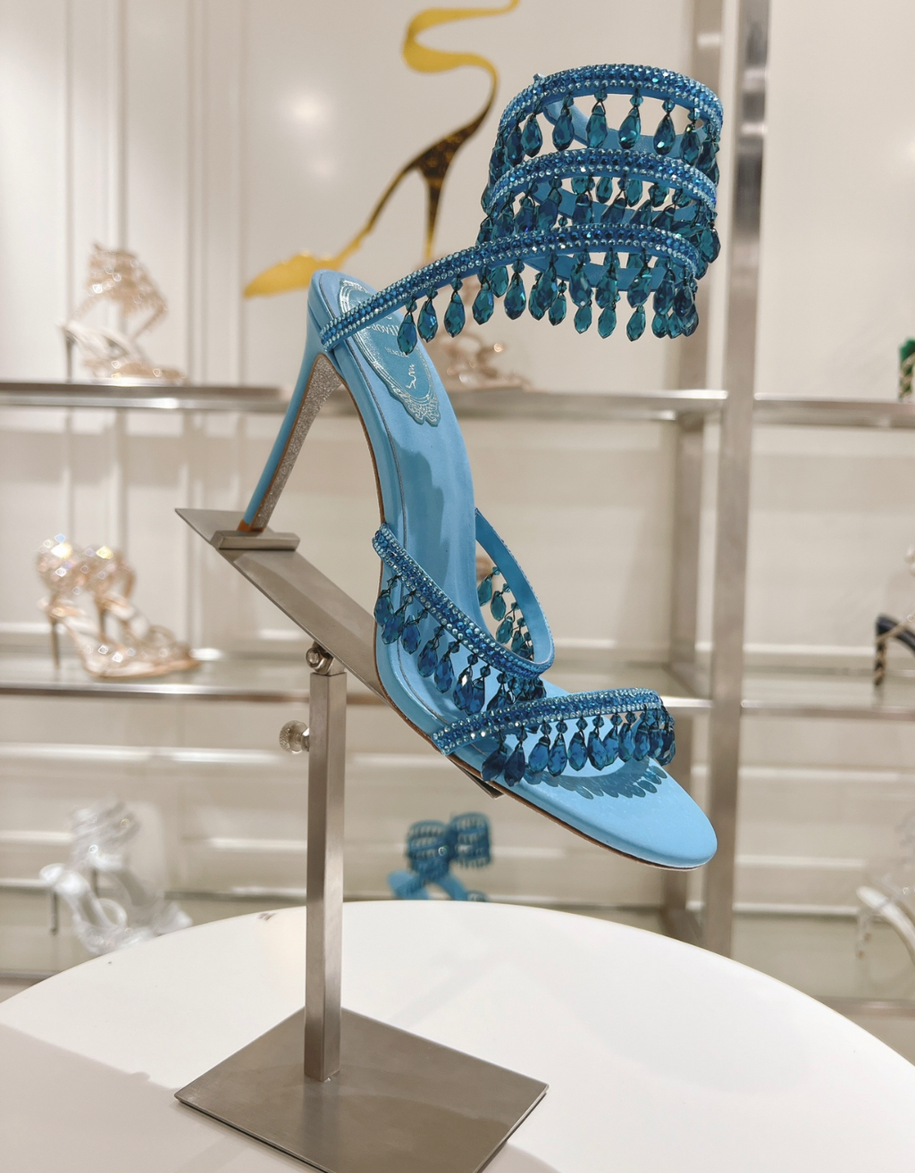 Chandelier embellished Blue satin sandals with rhinestones