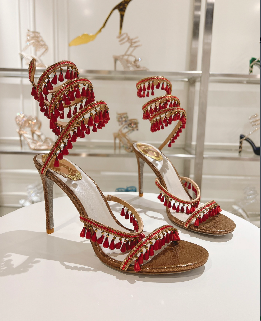 Chandelier embellished Bronze satin sandals with Red rhinestones