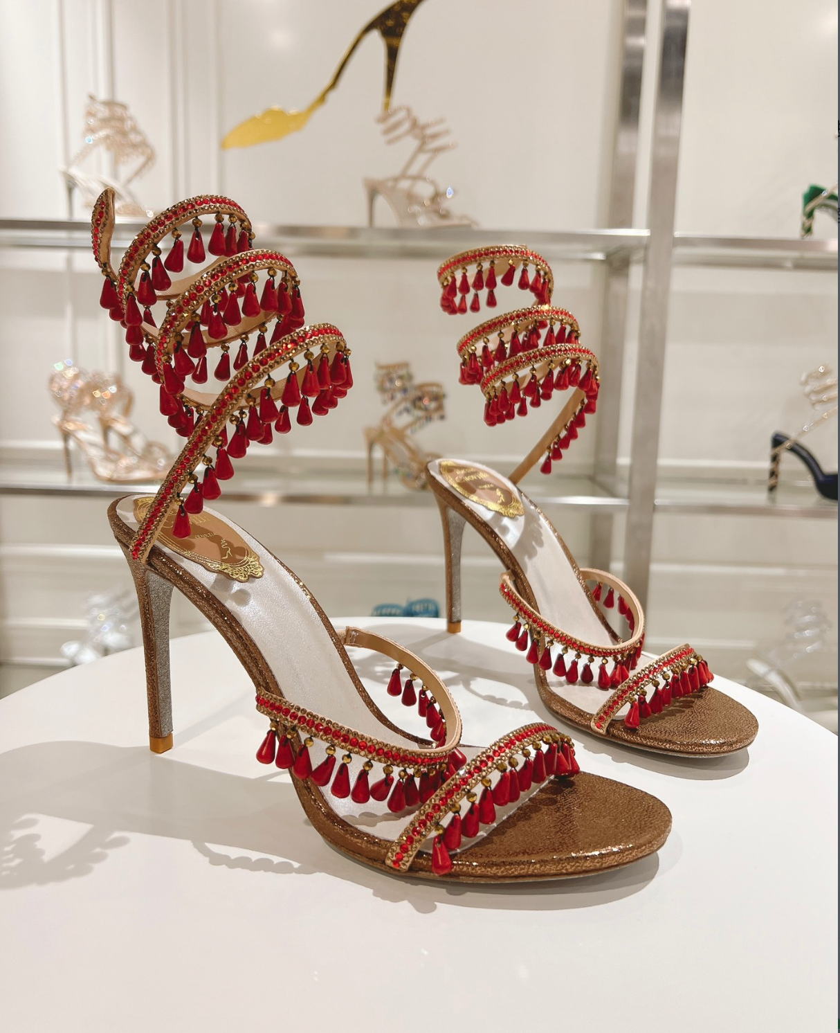 Chandelier embellished Bronze satin sandals with Red rhinestones