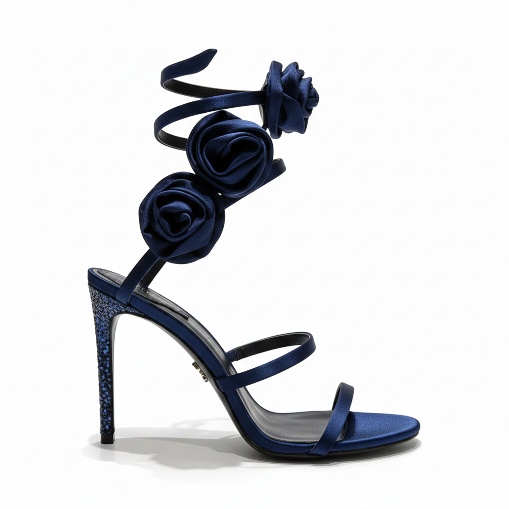 Florian Blue satin Rose sandals with contrasting appliqué