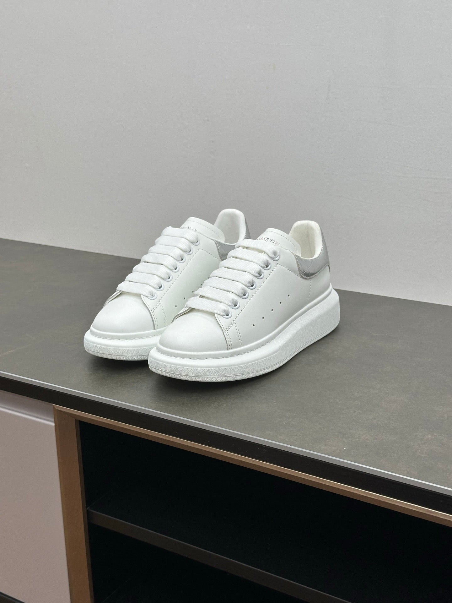 Oversized crocodile-effect leather Silver sneakers