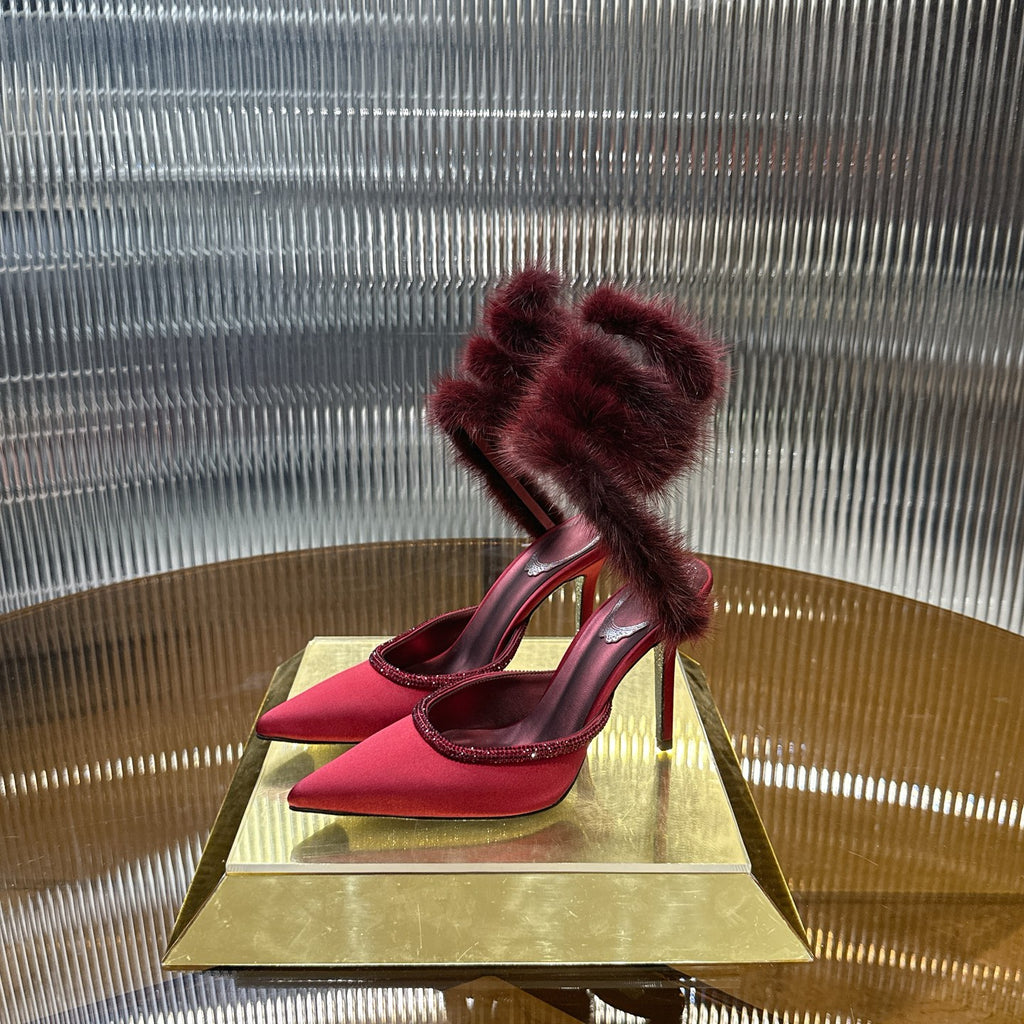 Cleo Fur-Trimmed Pump Stiletto Sandals in Burgundy
