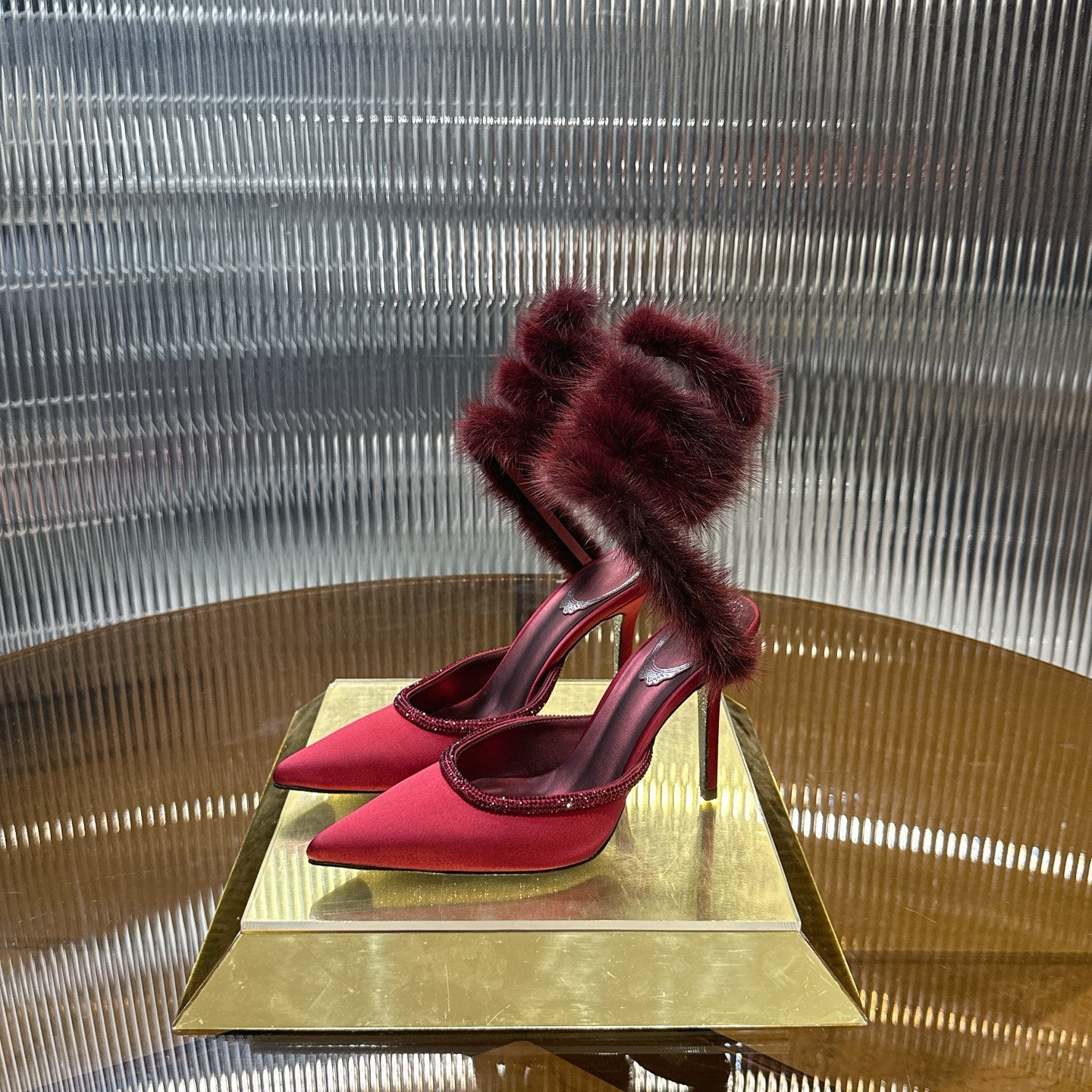 Cleo Fur-Trimmed Pump Stiletto Sandals in Burgundy