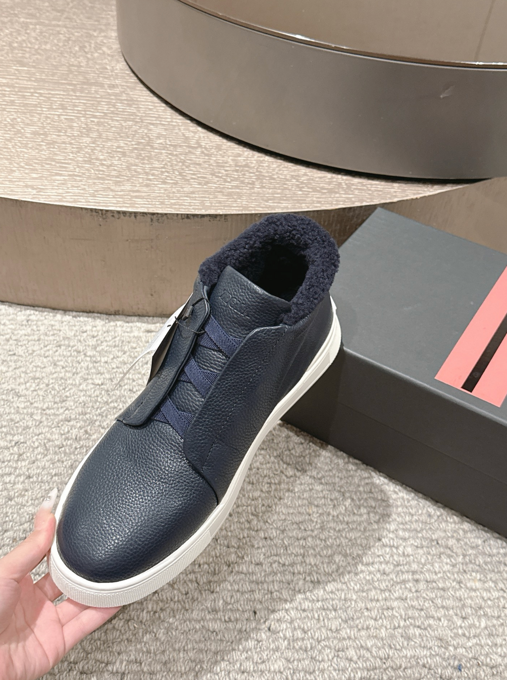 Ermenegildo Zegna navy deerskin wool Triple Stitch mid-top
