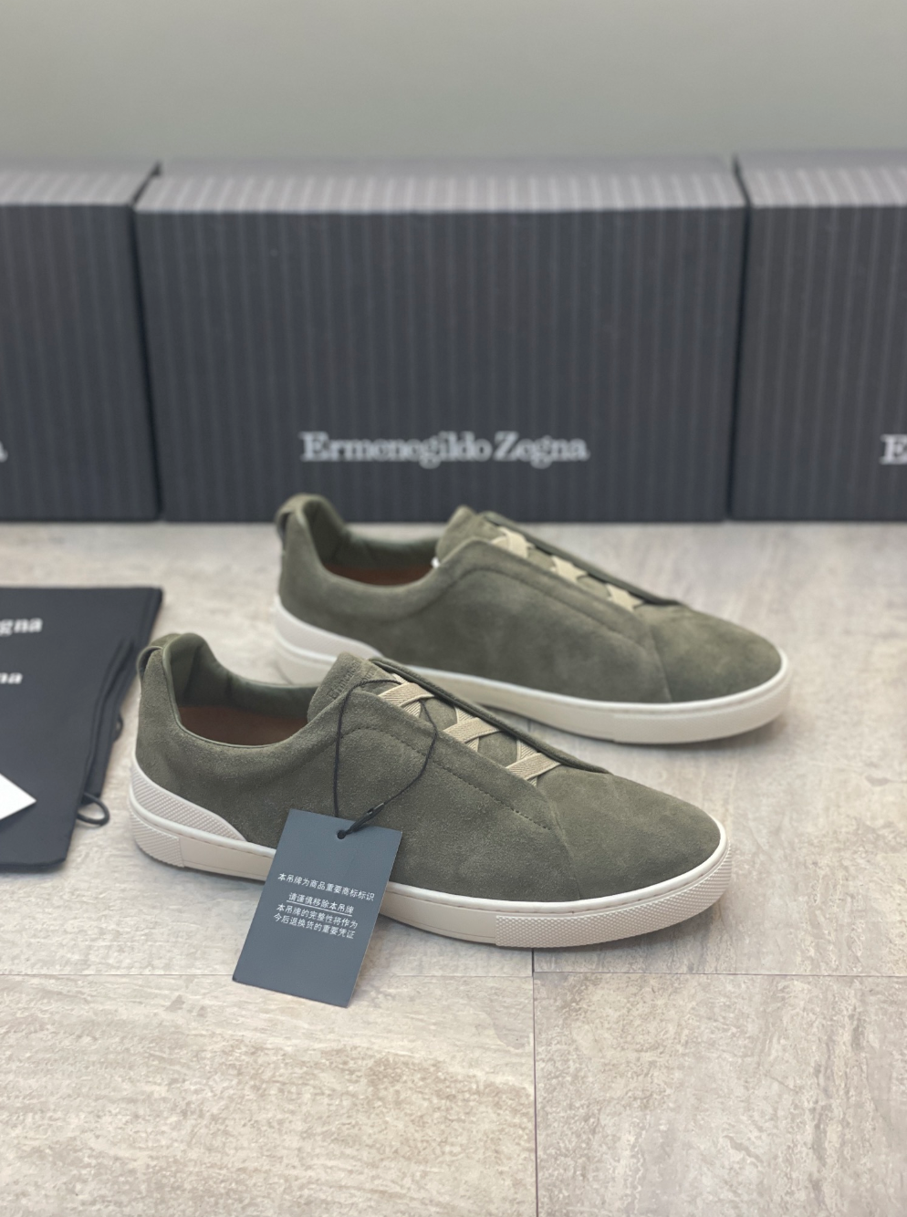 Ermenegildo Zegna olive green suede triple stitch