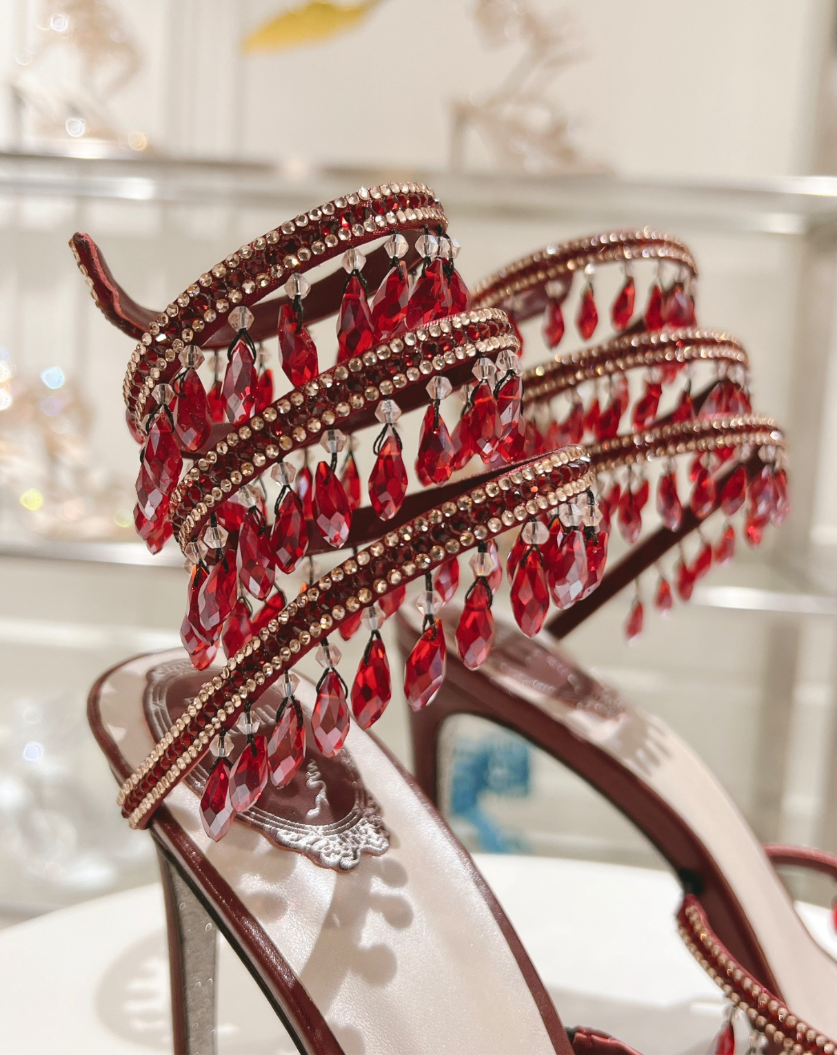 Chandelier embellished Burgundy satin sandals with rhinestones