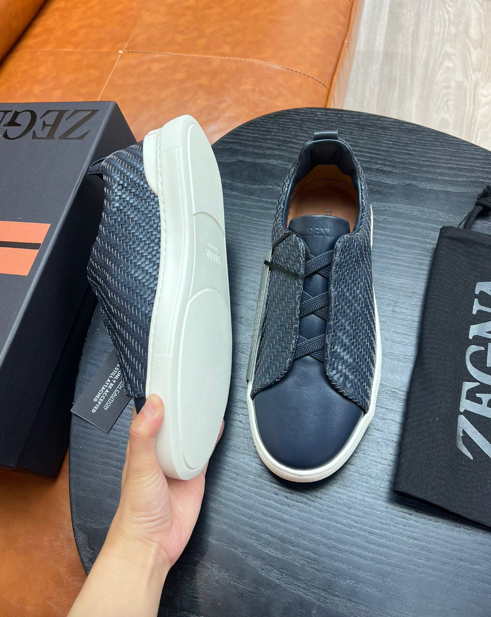 Ermenegildo Zegna Navy Triple stitch PELLETESSUTA Leather