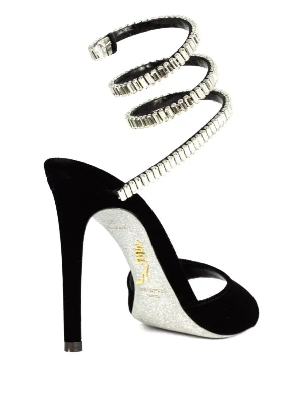 Cleo Spark stiletto sandal in black velvet with rhinestone embellishments