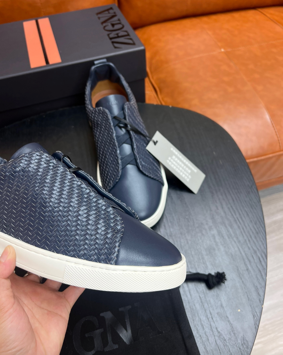 Ermenegildo Zegna Navy Triple stitch PELLETESSUTA Leather