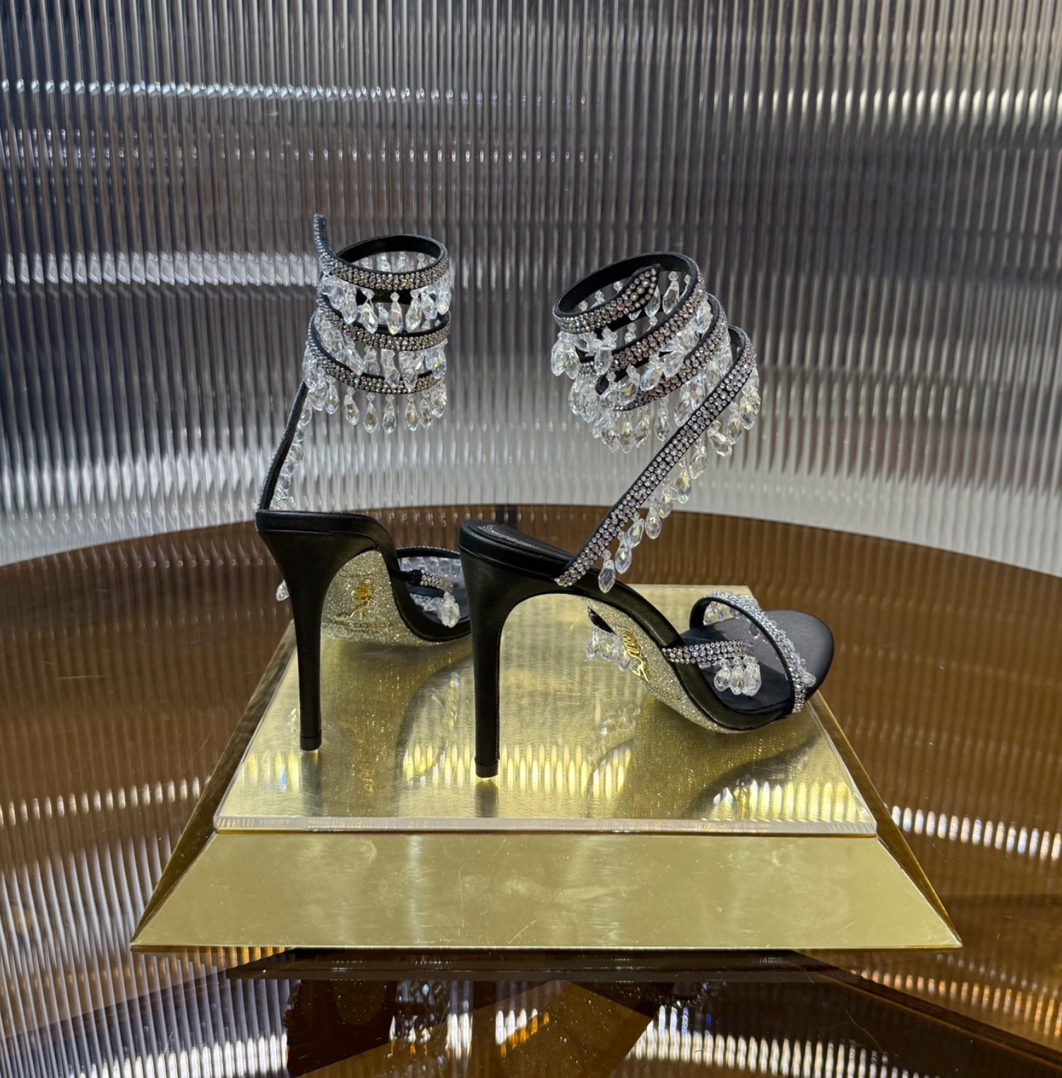 Chandelier embellished Black satin sandals with clear rhinestones