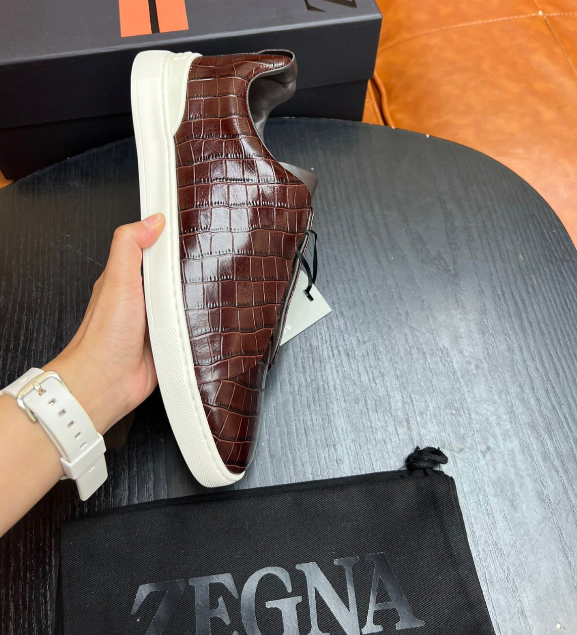 Ermenegildo Zegna Brown Crocodile Leather Triple Stitch