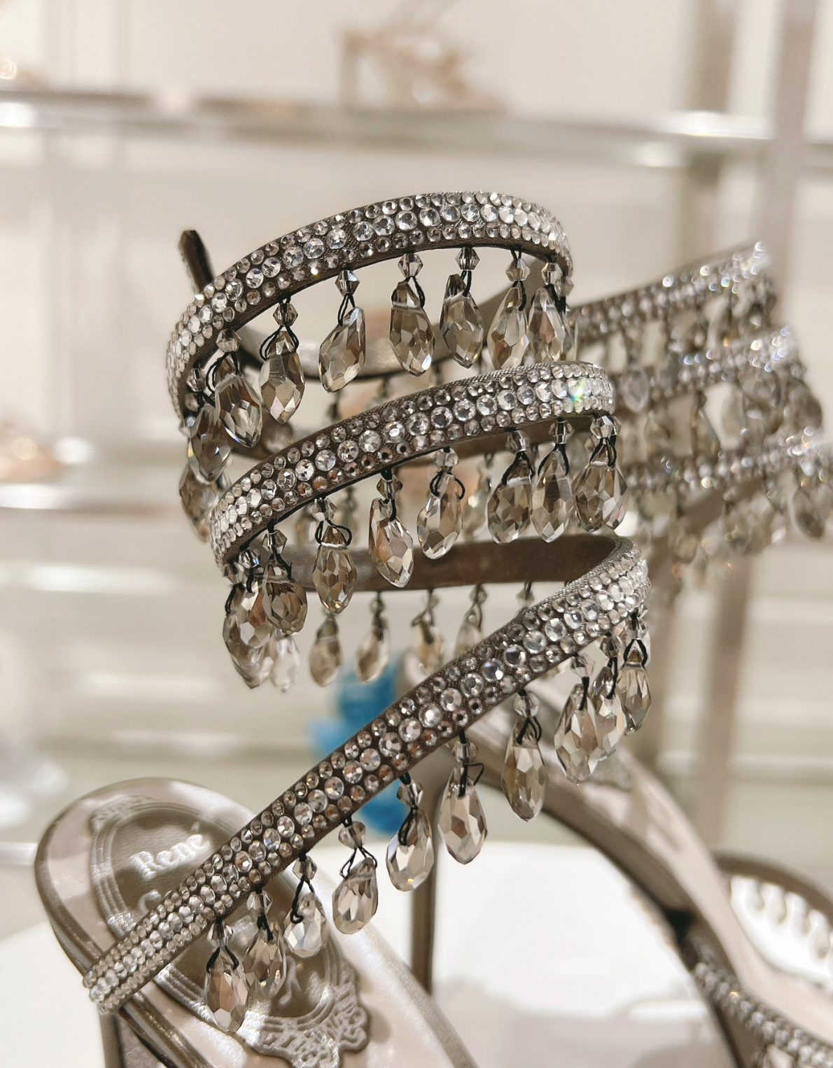 Chandelier embellished Grey satin sandals with clear rhinestones