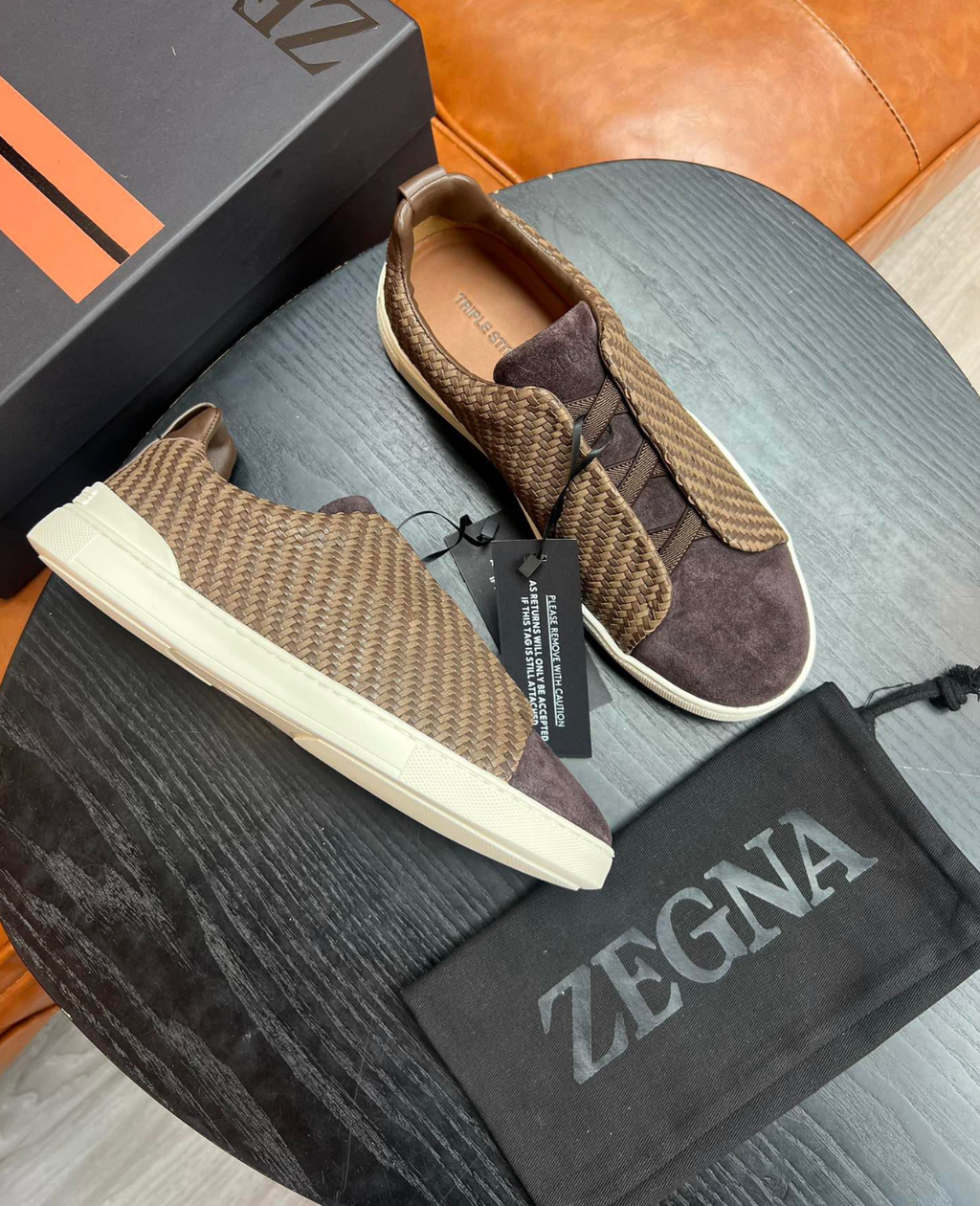 Ermenegildo Zegna Brown Triple stitch PELLETESSUTA Leather and suede