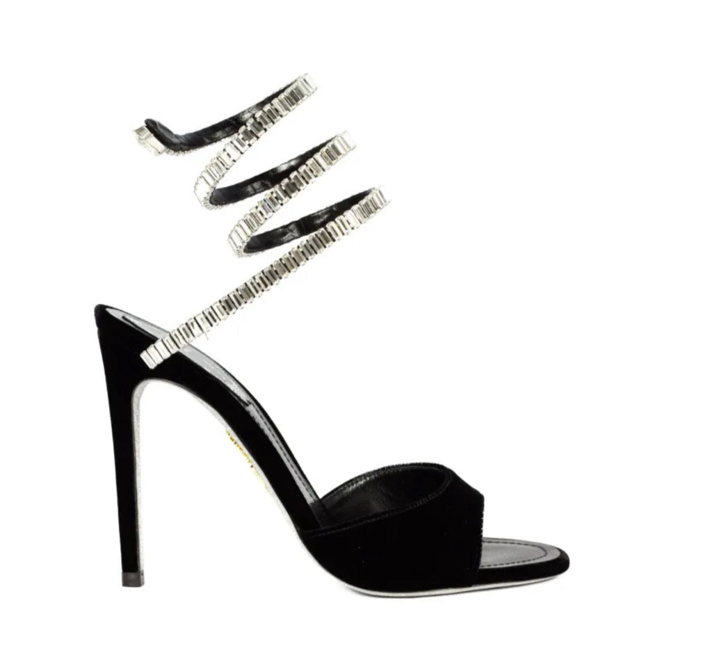 Cleo Spark stiletto sandal in black velvet with rhinestone embellishments