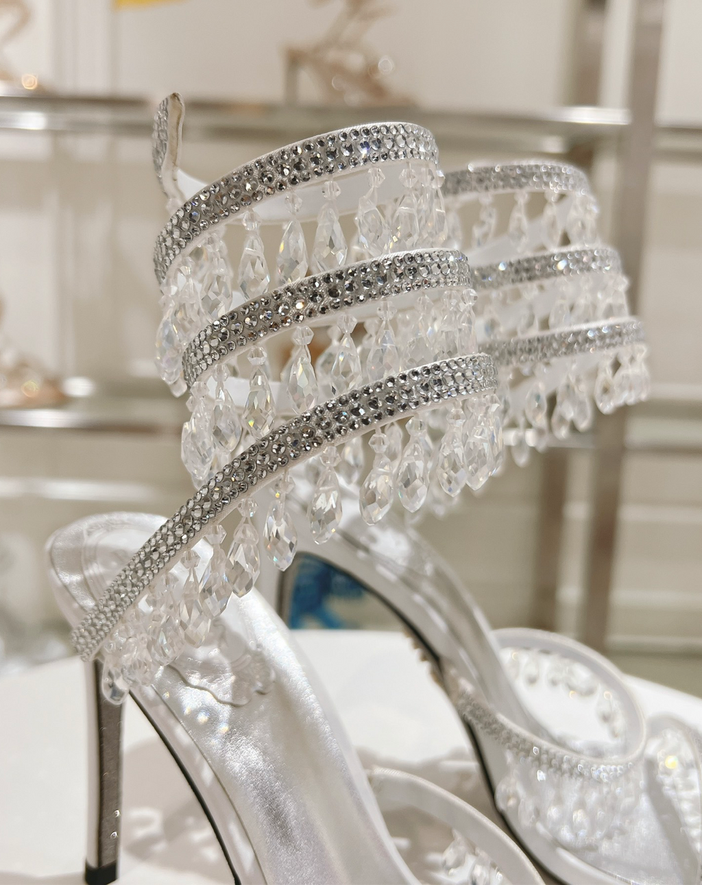Chandelier embellished White satin sandals with clear rhinestones