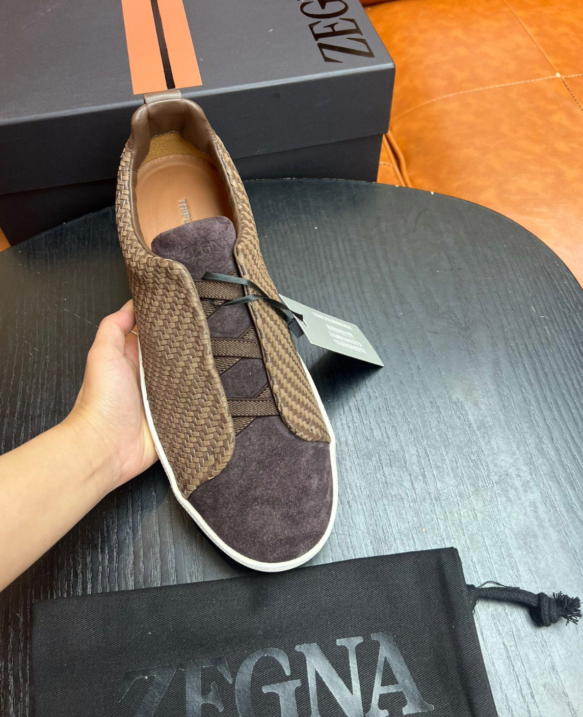 Ermenegildo Zegna Brown Triple stitch PELLETESSUTA Leather and suede