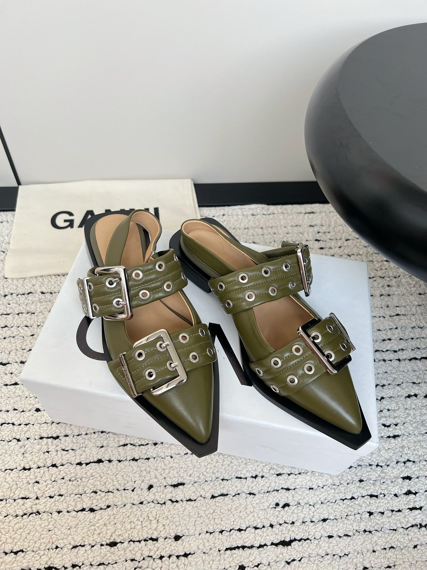 Ganni Buckle fastening Olive Green Ballerinas