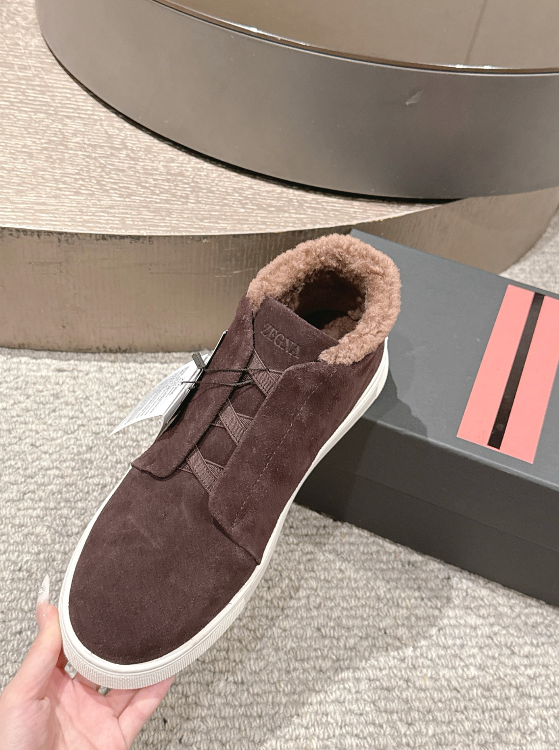 Ermenegildo Zegna brown suede deerskin wool Triple Stitch mid-top