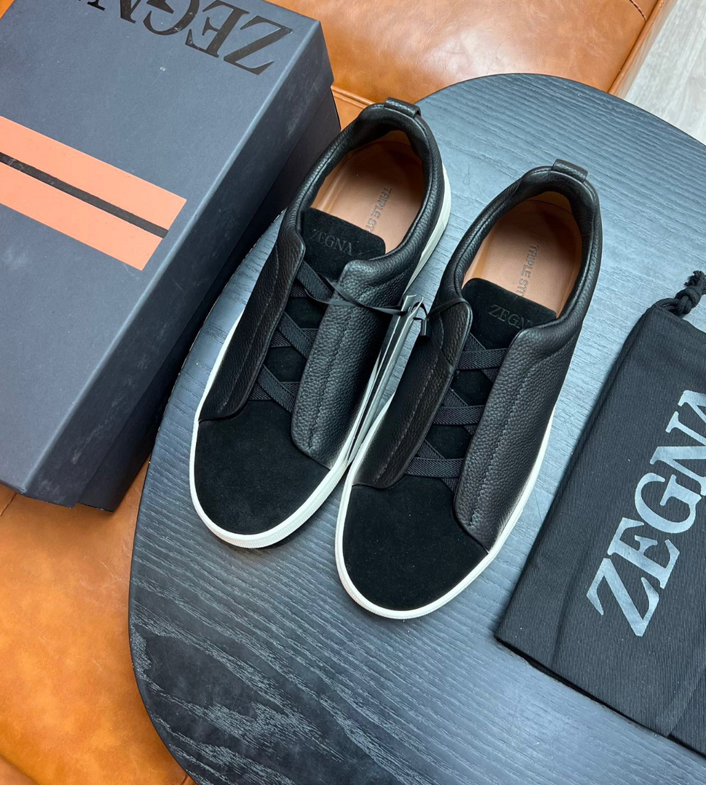 Ermenegildo Zegna Black Triple stitch Leather & suede