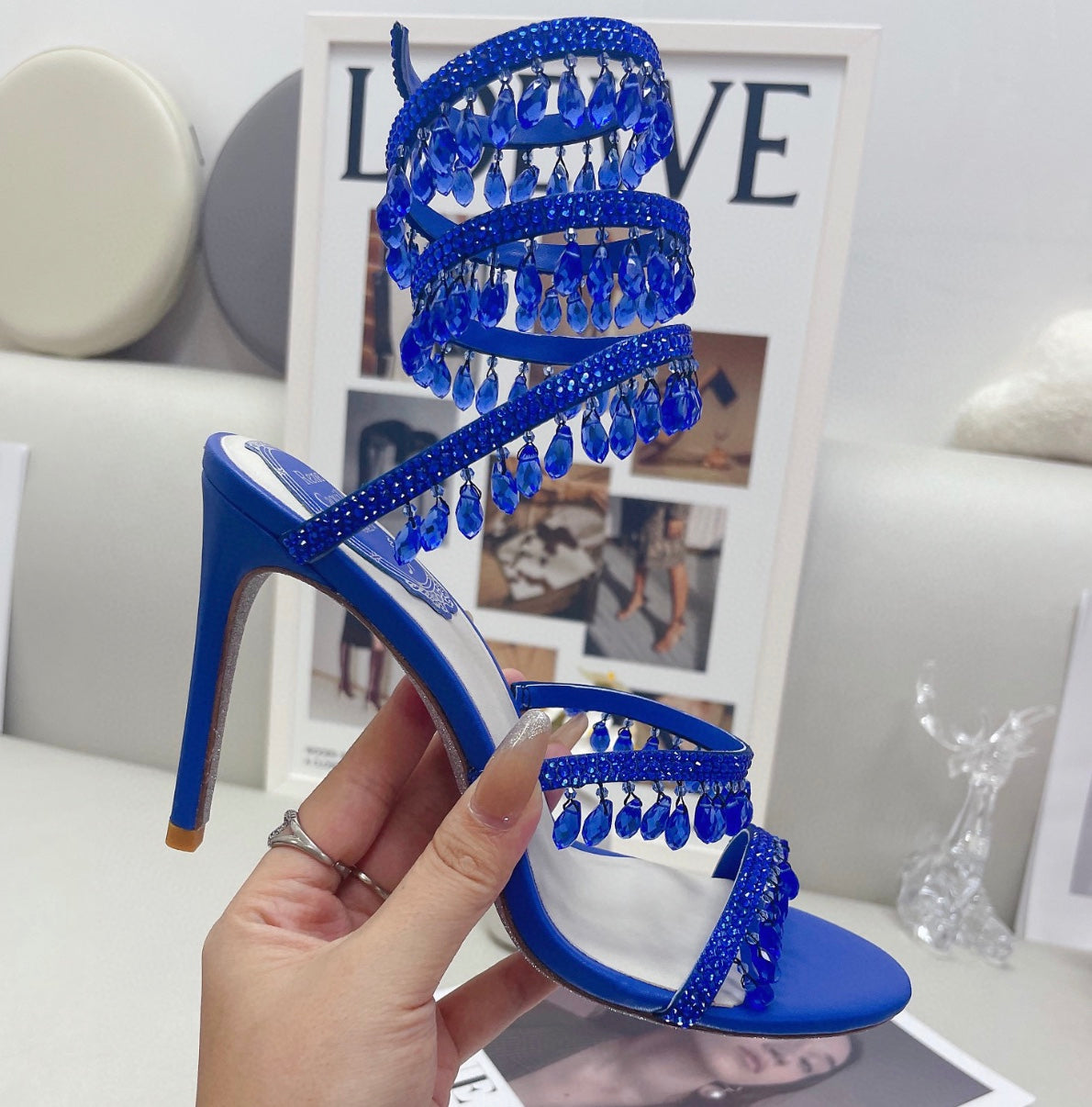 Chandelier embellished Blue satin sandals with Blue rhinestones