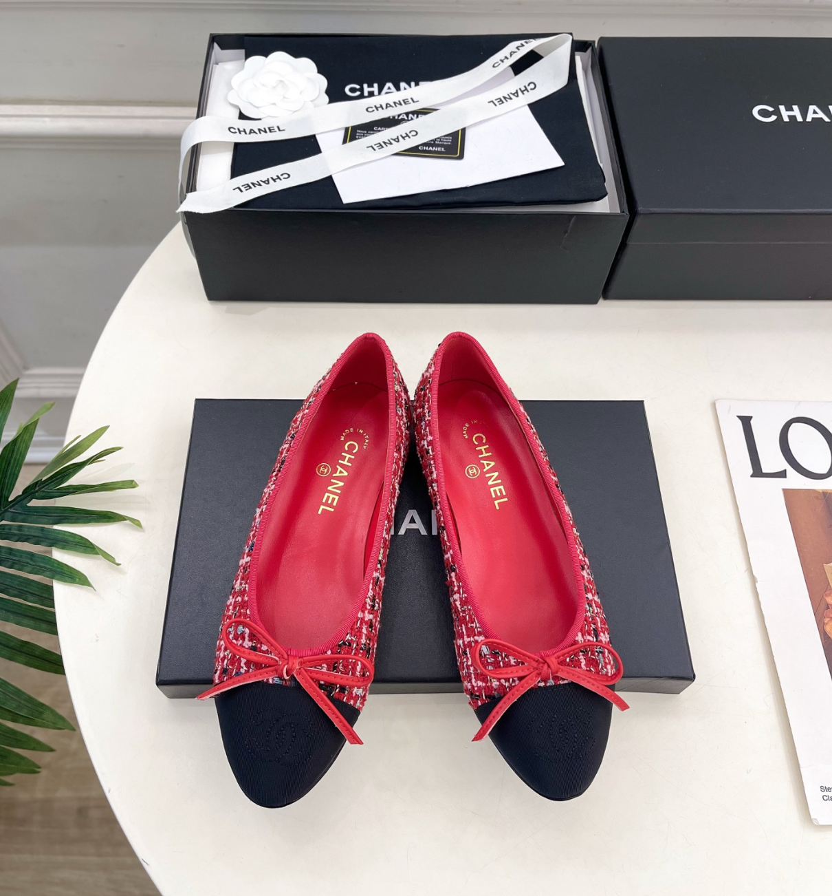 CHANEL Red Ballerinas in Tweed & Grosgrain