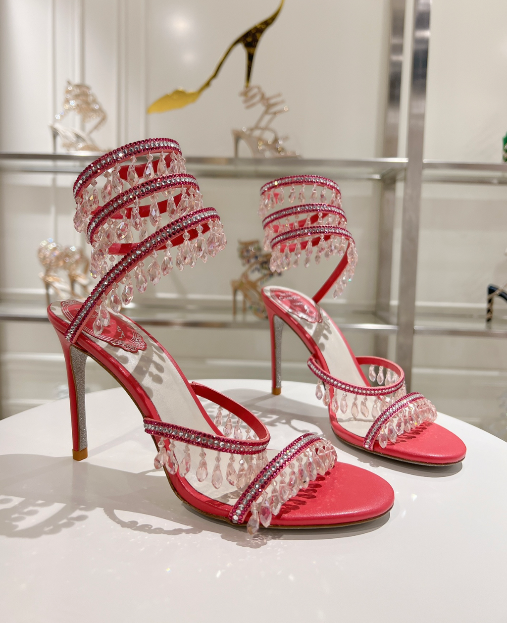 Chandelier embellished Red satin sandals with clear rhinestones