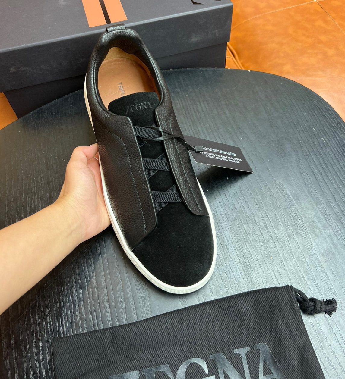 Ermenegildo Zegna Black Triple stitch Leather & suede